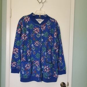 Anthony Richards Y2K Womens Blue Floral Sweatshirt Cardigan Sz L Snap Front NWOT
